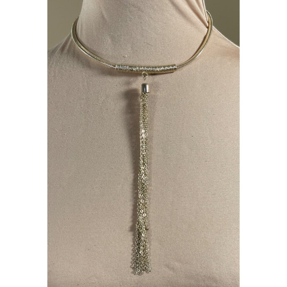 New York & Co Statement Necklace Gold Tone Snake Chain Tassel Choker
